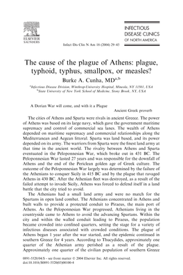 The Cause of the Plague of Athens: Plague, Typhoid, Typhus, Smallpox, Or Measles? Burke A