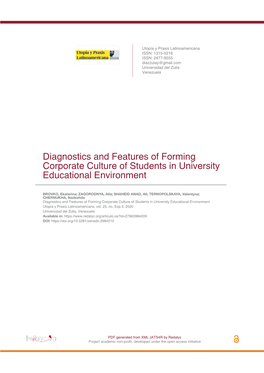 Diagnostics and Features of Forming Corporate Culture of Students in University Educational Environment