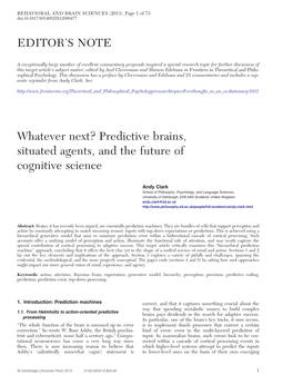 EDITOR's NOTE Whatever Next? Predictive Brains, Situated Agents, and the Future of Cognitive Science