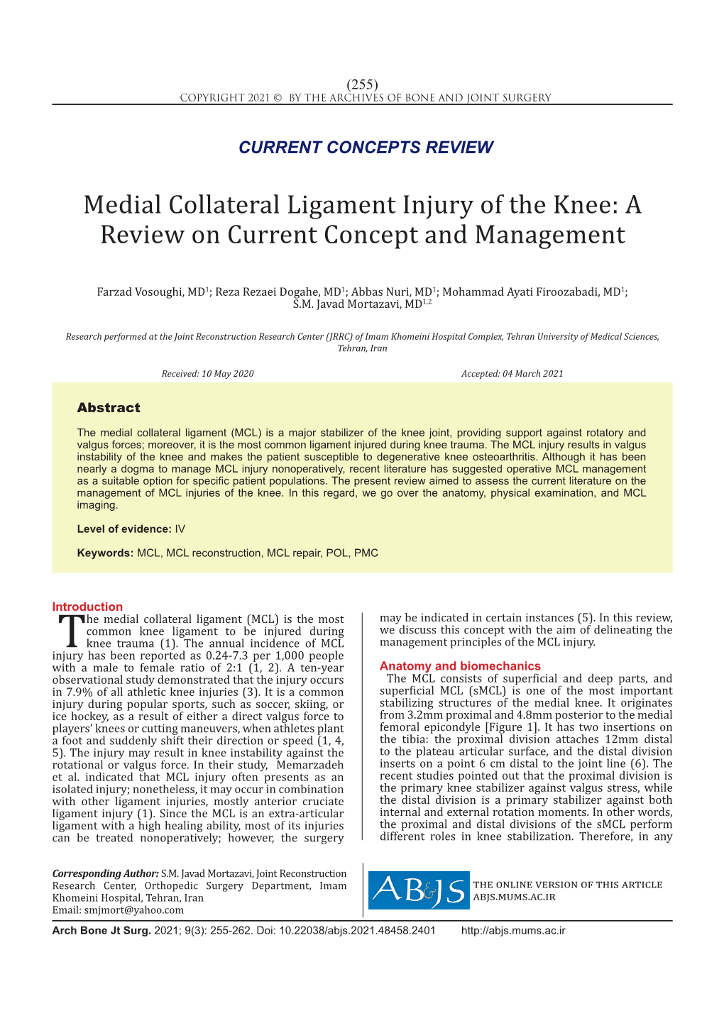 Medial Collateral Ligament Injury of the Knee: a Review on Current Concept and Management