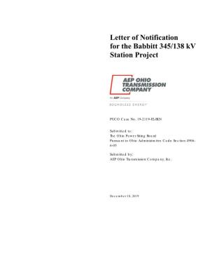 Letter of Notification for the Babbitt 345/138 Kv Station Project