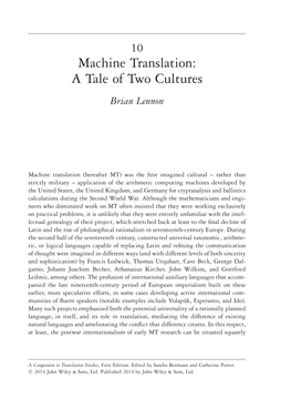 Machine Translation: a Tale of Two Cultures Brian Lennon