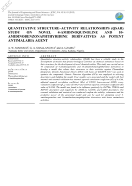 Quantitative Structure–Activity Relationships (Qsar) Study on Novel 4-Amidinoquinoline and 10- Amidinobenzonaphthyridine Derivatives As Potent Antimalaria Agent