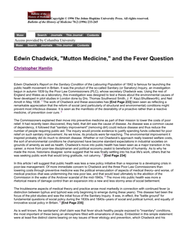 Edwin Chadwick, "Mutton Medicine," and the Fever Question