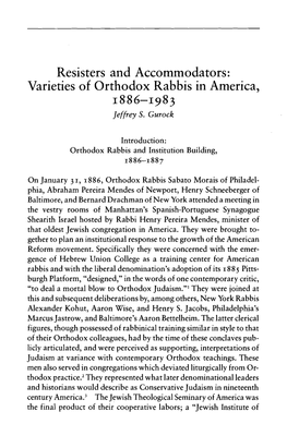 Resisters and Accommodators: Varieties of Orthodox Rabbis in America, 1886-1983 Jeffrey S