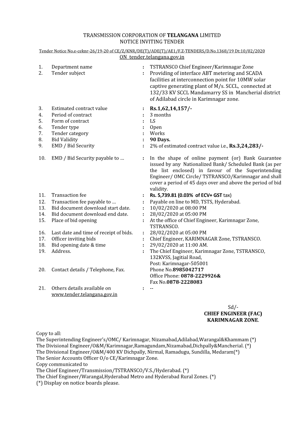 Transmission Corporation of Telangana Limited Notice Inviting Tender