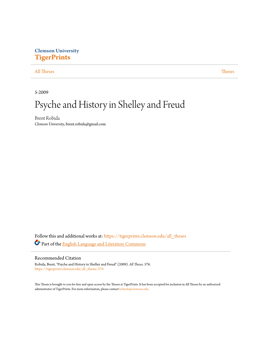 Psyche and History in Shelley and Freud Brent Robida Clemson University, Brent.Robida@Gmail.Com