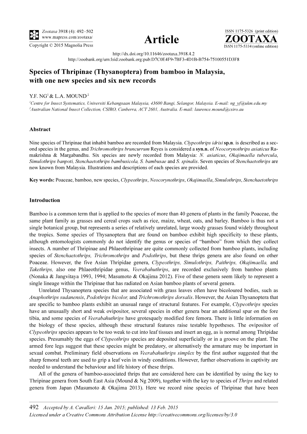 Species of Thripinae (Thysanoptera) from Bamboo in Malaysia, with One New Species and Six New Records