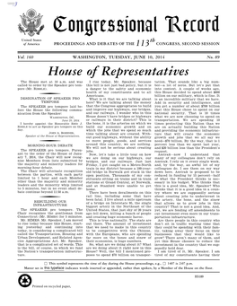 Congressional Record United States Th of America PROCEEDINGS and DEBATES of the 113 CONGRESS, SECOND SESSION