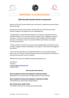 2012 Aurealis Awards Winners Announced