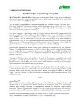 Prince Extends John Isner Partnership Through 2018 New York, NY