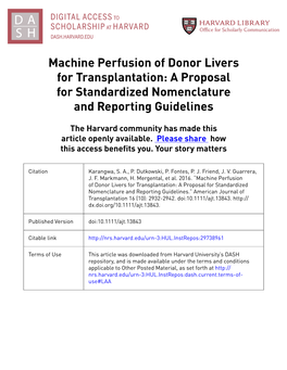 Machine Perfusion of Donor Livers for Transplantation: a Proposal for Standardized Nomenclature and Reporting Guidelines