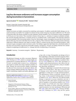 Leg Loss Decreases Endurance and Increases Oxygen Consumption During Locomotion in Harvestmen