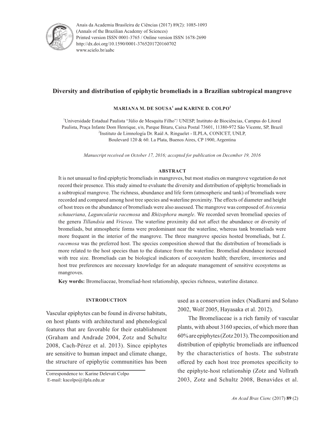 Diversity and Distribution of Epiphytic Bromeliads in a Brazilian Subtropical Mangrove