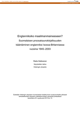 Suomalaisen Proosakaunokirjallisuuden Kääntäminen Englanniksi Isossa-Britanniassa Vuosina 1945–2003