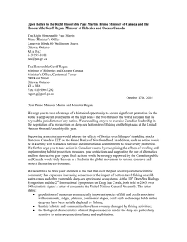 Letter from Canadian Scientists to Canadian Prime Minister Paul Martin