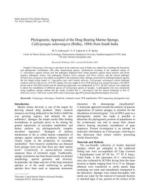 Phylogenetic Appraisal of the Drug Bearing Marine Sponge, Callyspongia Subarmigera (Ridley, 1884) from South India