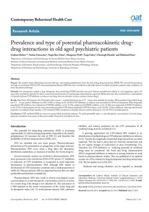 Prevalence and Type of Potential Pharmacokinetic Drug-Drug Interactions in Old Aged Psychiatric Patients