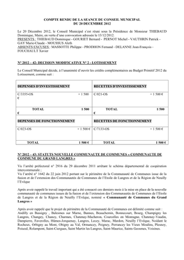 Compte Rendu De La Seance Du Conseil Municipal Du 20 Decembre 2012
