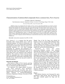 Characterization of Antimicrobial Compounds from a Common Fern, Pteris Biaurita