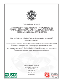 Arthropods of Rose Atoll with Special Reference to Ants and Pulvinaria Urbicola Scales (Hemiptera: Coccidae) on Pisonia Grandis Trees