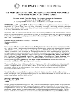 The Paley Center for Media Announces Additional Programs As Part of Its Paleylive La Spring Season