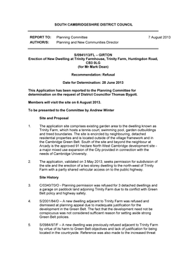 SOUTH CAMBRIDGESHIRE DISTRICT COUNCIL REPORT TO: Planning Committee 7 August 2013 AUTHOR/S: Planning and New Communities Directo