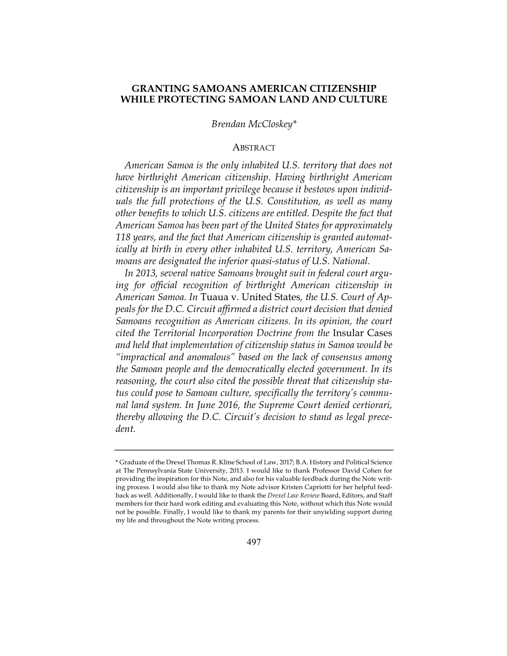 Granting Samoans American Citizenship While Protecting Samoan Land and Culture