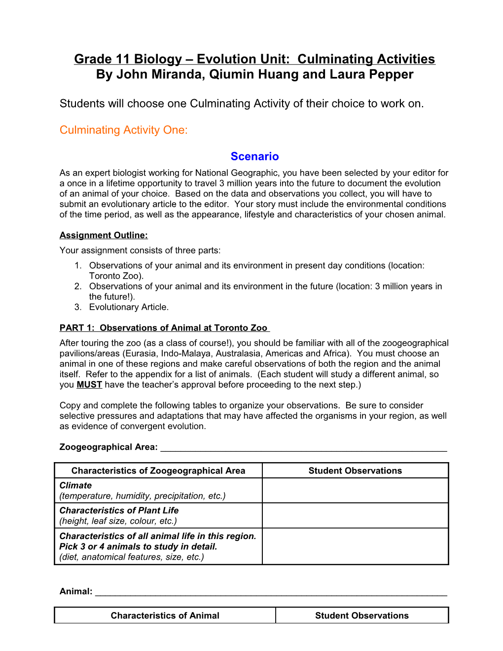 Grade 11 Biology Evolution Unit: Culminating Activity