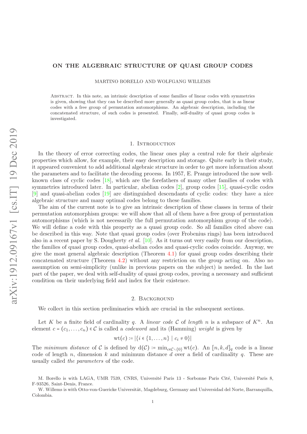 On the Algebraic Structure of Quasi Group Codes