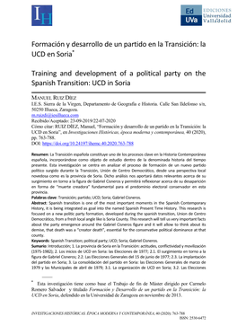 Formación Y Desarrollo De Un Partido En La Transición: La UCD En Soria∗