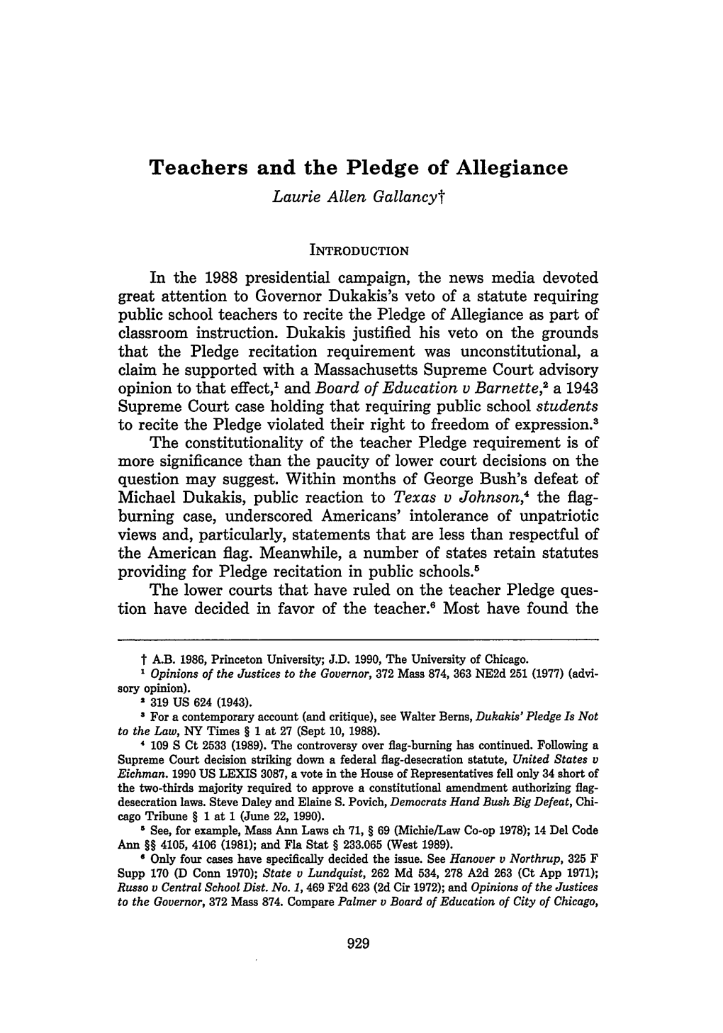 Teachers and the Pledge of Allegiance Laurie Allen Gallancyf