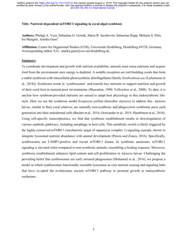 Nutrient-Dependent Mtorc1 Signaling in Coral-Algal Symbiosis