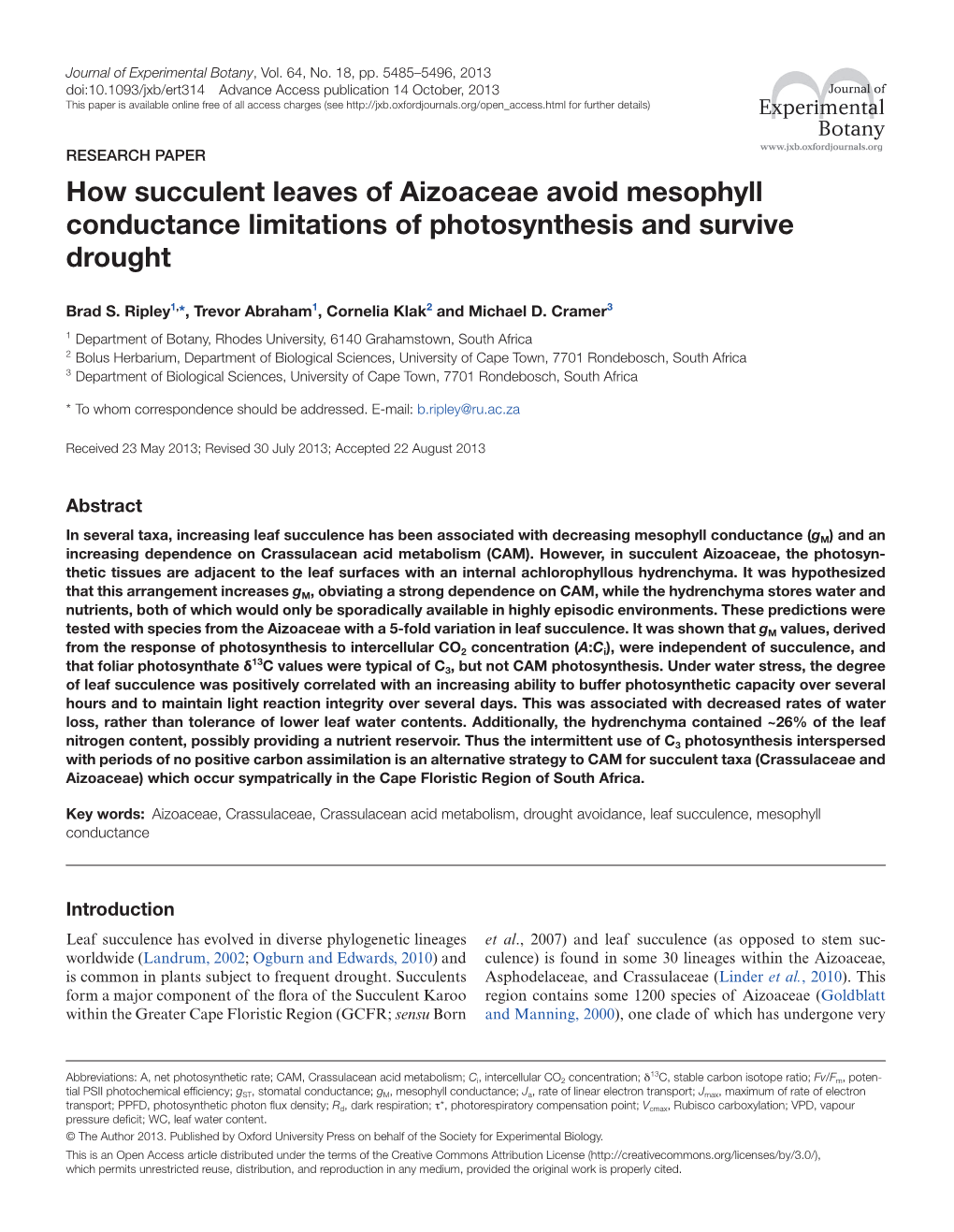 How Succulent Leaves of Aizoaceae Avoid Mesophyll Conductance Limitations of Photosynthesis and Survive Drought