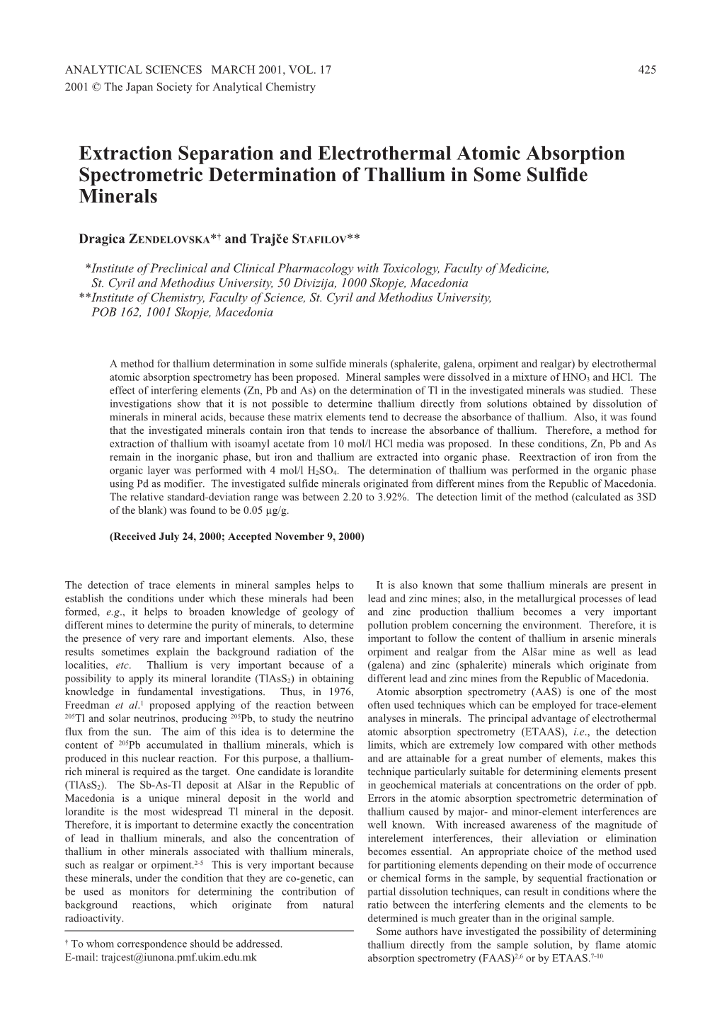 Extraction Separation and Electrothermal Atomic Absorption Spectrometric Determination of Thallium in Some Sulfide Minerals