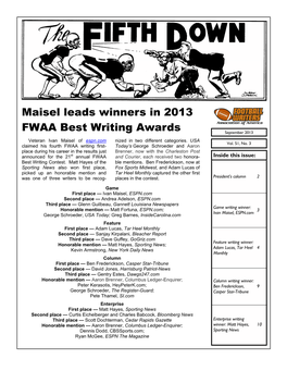 Maisel Leads Winners in 2013 FWAA Best Writing Awards