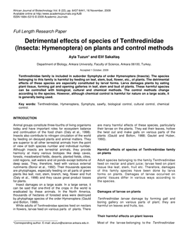 Detrimental Effects of Species of Tenthredinidae (Insecta: Hymenoptera) on Plants and Control Methods