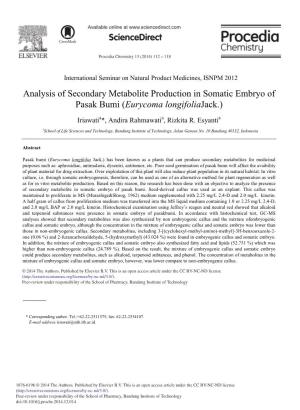 Analysis of Secondary Metabolite Production in Somatic Embryo of Pasak Bumi (Eurycoma Longifoliajack.)