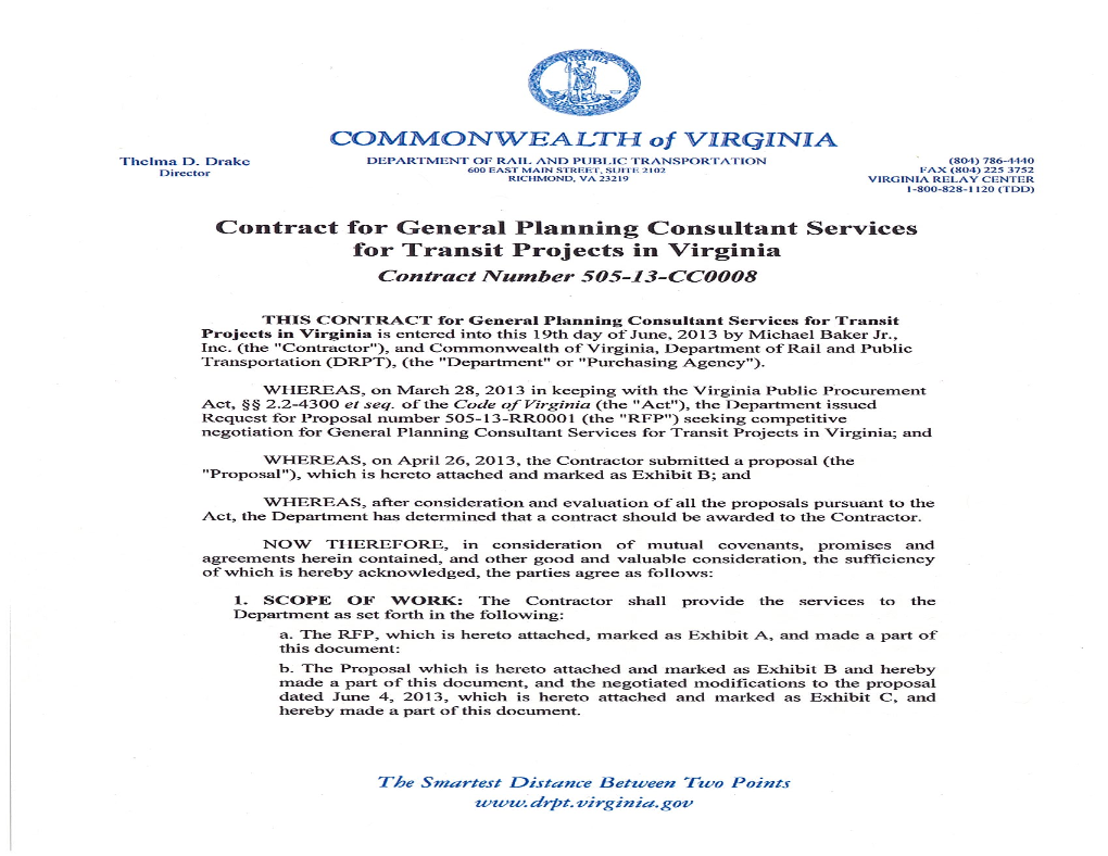 General Planning Consultant Services Contract for Transit Projects in Virginia