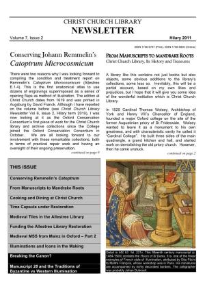 CHRIST CHURCH LIBRARY NEWSLETTER Volume 7, Issue 2 Hilary 2011