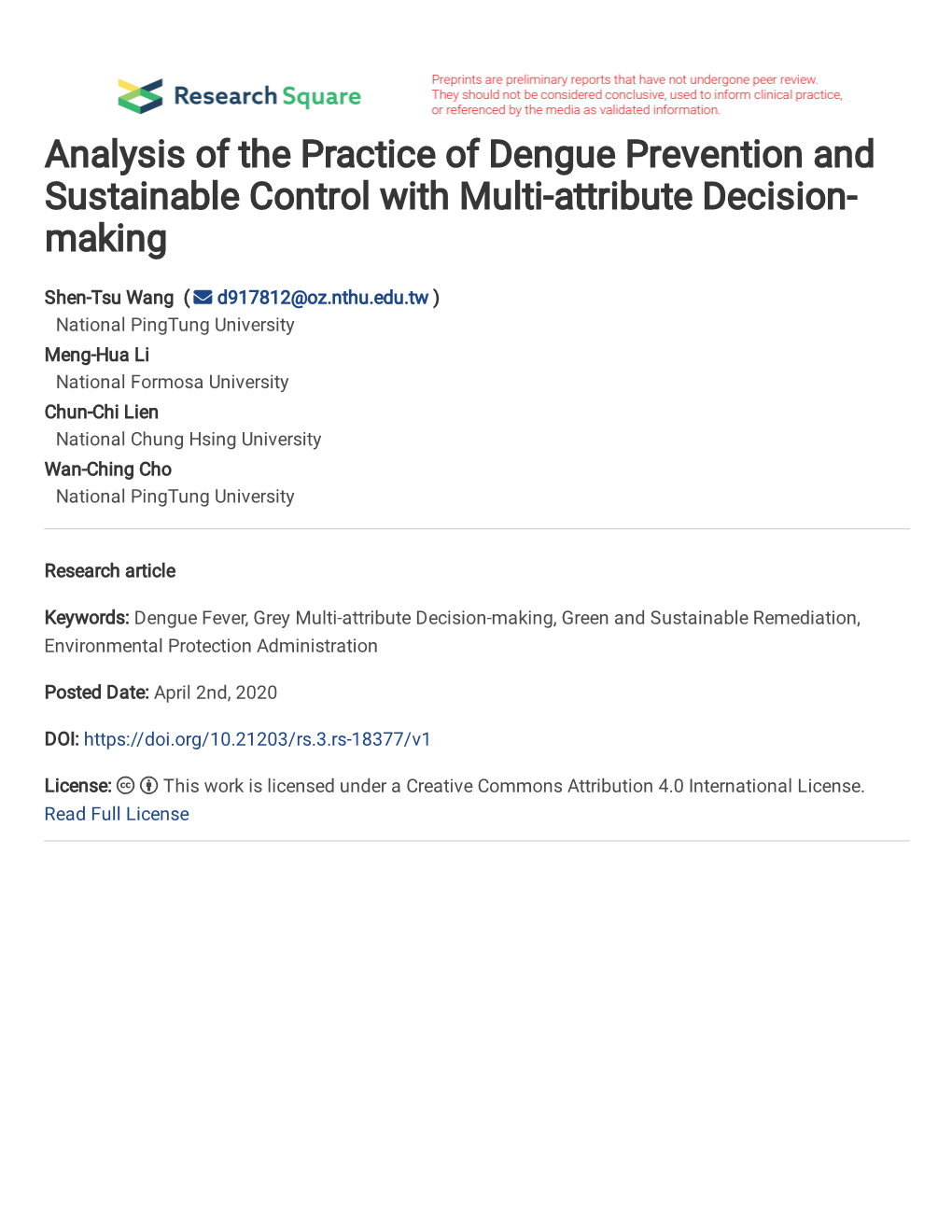 Analysis of the Practice of Dengue Prevention and Sustainable Control with Multi-Attribute Decision- Making