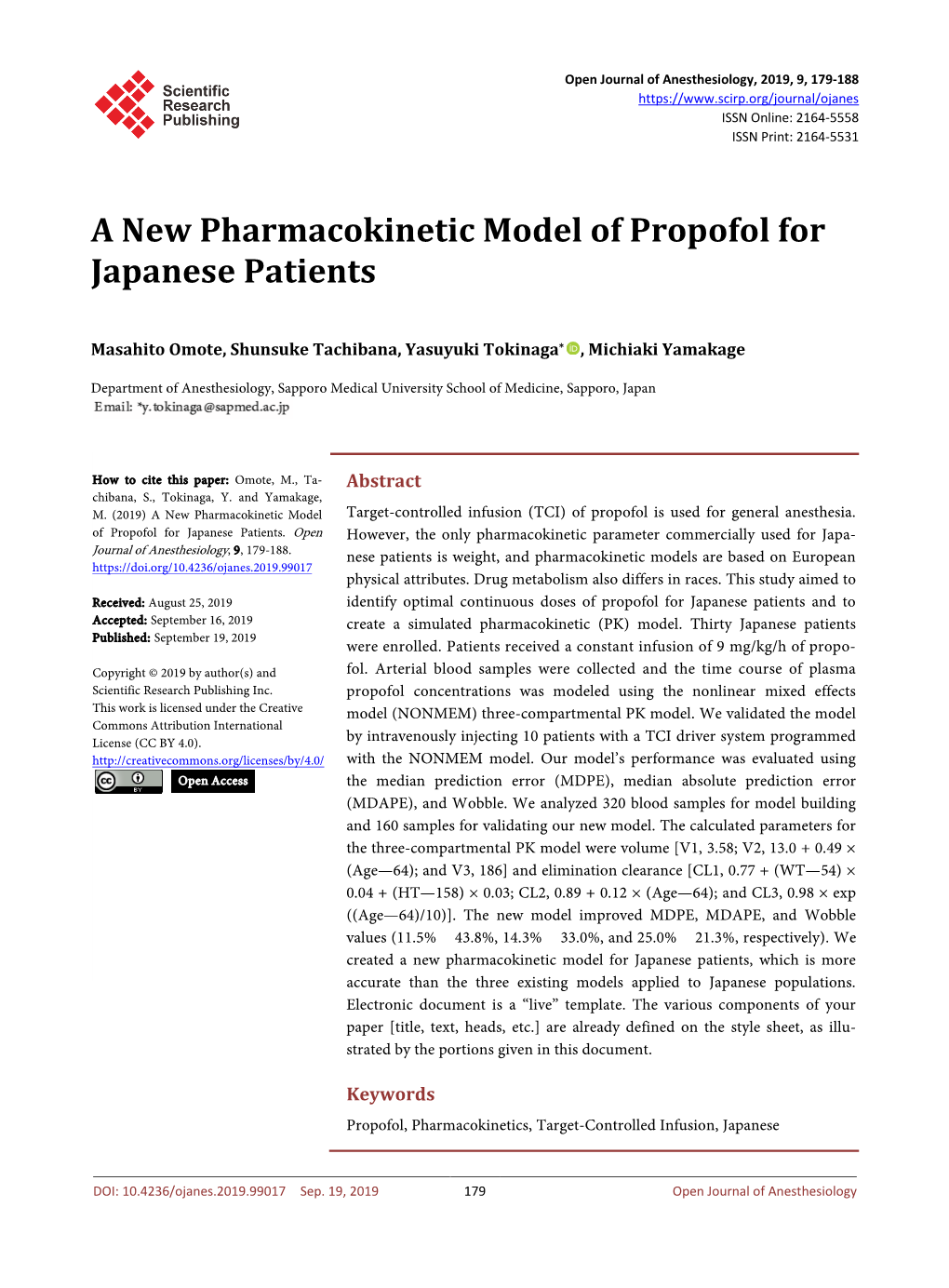 A New Pharmacokinetic Model of Propofol for Japanese Patients