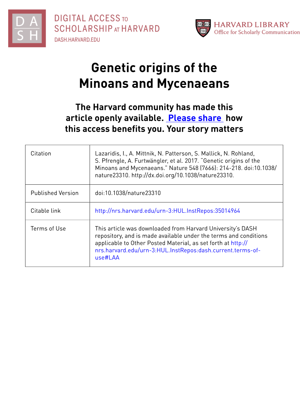 Genetic Origins of the Minoans and Mycenaeans