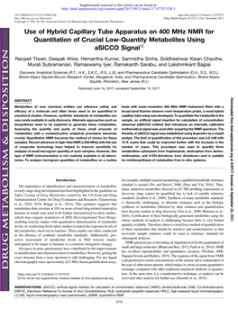 Use of Hybrid Capillary Tube Apparatus on 400 Mhz NMR for Quantitation of Crucial Low-Quantity Metabolites Using Asicco Signal S