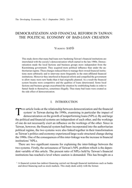 Democratization and Financial Reform in Taiwan: the Political Economy of Bad-Loan Creation