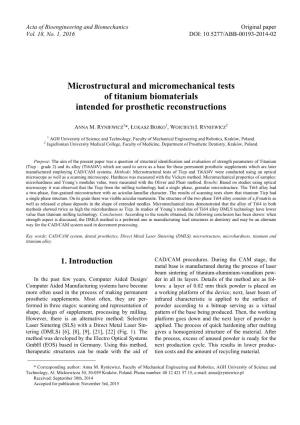 Microstructural and Micromechanical Tests of Titanium Biomaterials Intended for Prosthetic Reconstructions