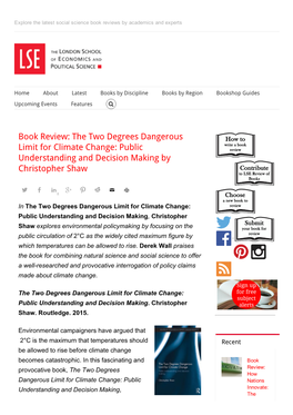 Book Review: the Two Degrees Dangerous Limit for Climate Change: Public Understanding and Decision Making by Christopher Shaw
