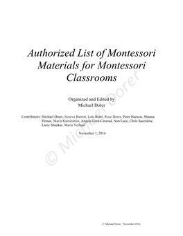 Authorized List of Montessori Materials for Montessori Classrooms