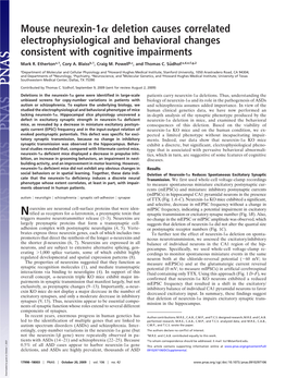 Mouse Neurexin-1 Deletion Causes Correlated Electrophysiological And