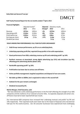 1 Daily Mail and General Trust Plc Half Yearly Financial Report for the Si